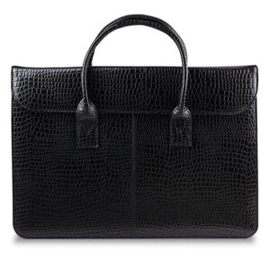 Портфель-сумка женский из натуральной кожи, 38х28х8 см, под крокодила, 2 отдела, клапан с магнитом, черный,