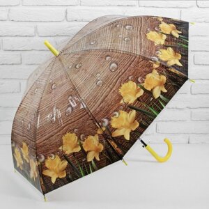 Зонт - трость полуавтоматический «Первоцветы», 8 спиц, R = 48 см, цвет коричневый/жёлтый