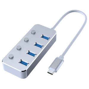 USB-C концентратор разветвитель хаб на 4 порта USB 3.0 металлический (60 см) HRS A21 (Серебристый)
