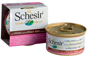 Schesir консервы для кошек (кусочки в собственном соку) (Тунец, курица и рис, 85 г.)